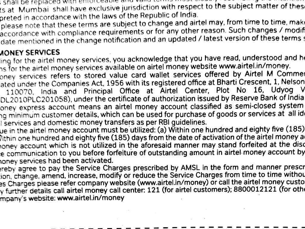 A section of the terms and conditions in Airtel’s prepaid application form that relates to Airtel Money Services.