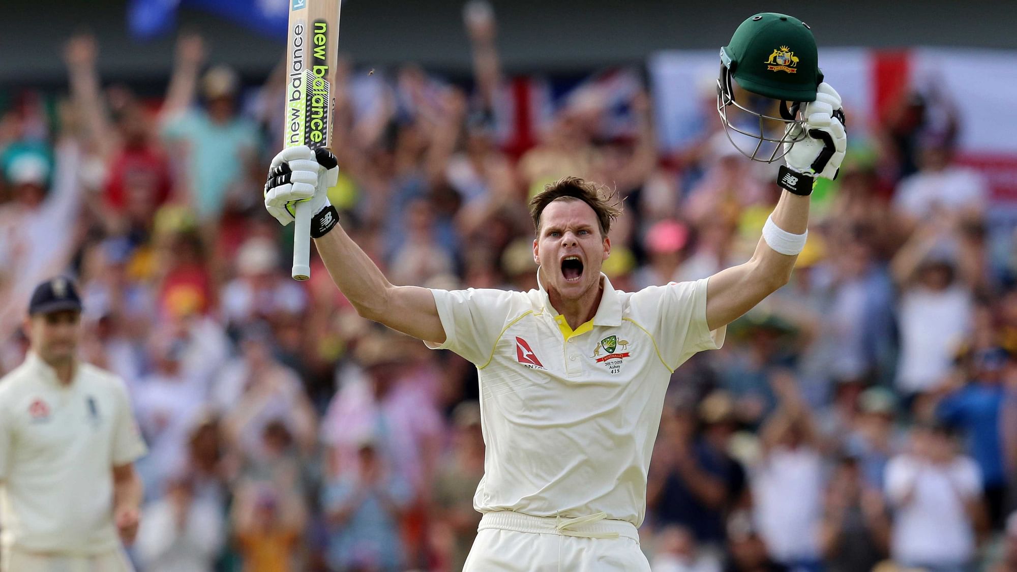 Steve Smith celebrates after scoring a double century on Day 3 of the Perth Test.