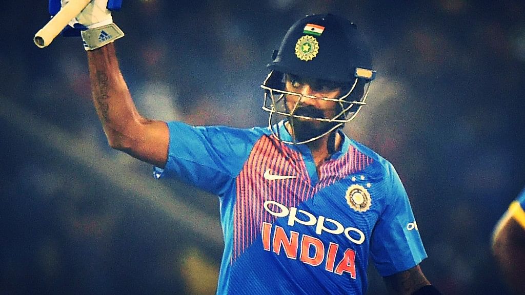 KL Rahul raises his bat after scoring a half-century in the first T20 against Sri Lanka.