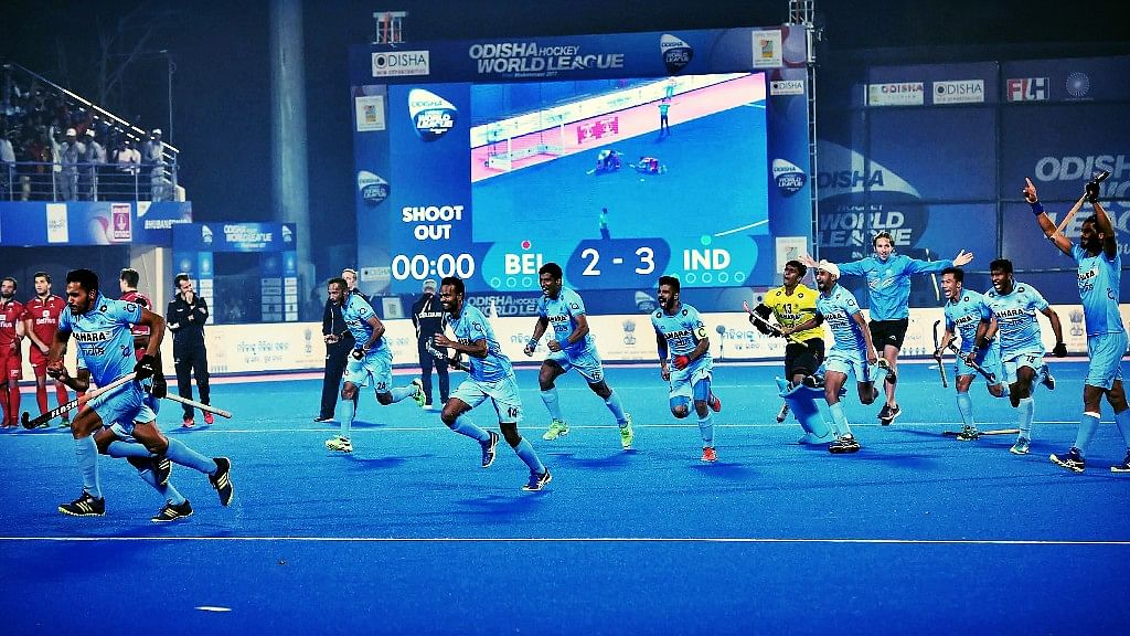 Indian players celebrate after beating Belgium in penalty shoot out during Men’s Hockey World League Final at Kalinga Stadium in Bhubaneswar on Wednesday night.