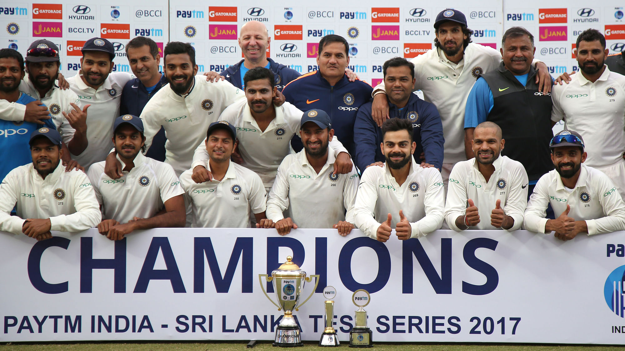 The Indian team pose for a photograph after winning the three-match Test series aginst Sri Lanka 1-0.