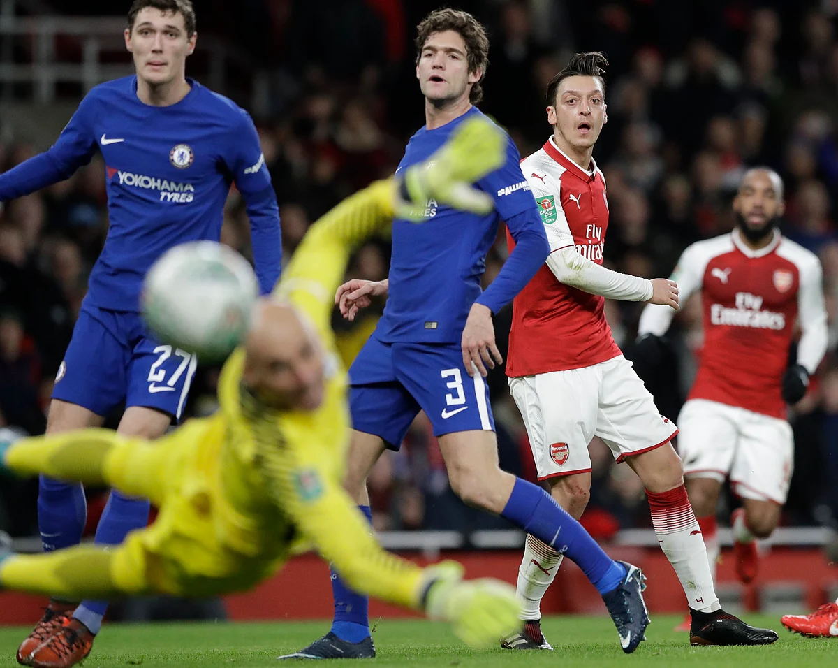 Arsenal’s Mesut Ozil (right) shoots during the English League Cup semifinal second leg match against Chelsea at the Emirates stadium.