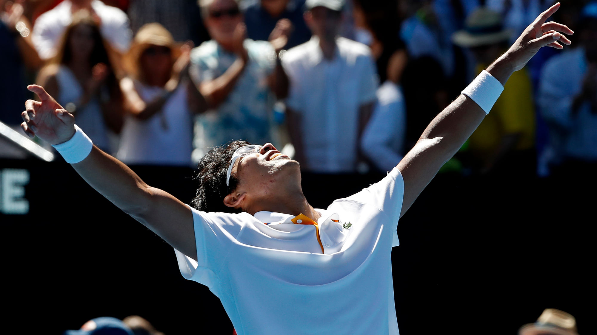 South Korea’s Chung Hyeon celebrates after defeating United States’ Tennys Sandgren in their quarterfinal at the Australian Open on Wednesday.