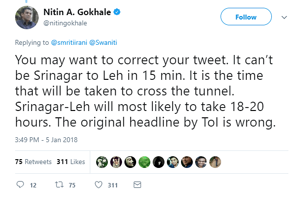 Smriti Irani posted a tweet saying, ‘Srinagar to Leh in 15 minutes: Cabinet approves Zojila Pass tunnel project’.