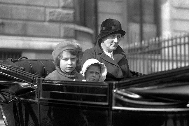 Young Queen Elizabeth II, Princess Margaret and their governess Marion Crawford.