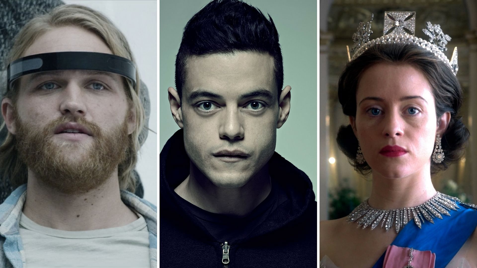 Left to Right (Wyat Russell as Cooper in <i>Black Mirror</i>; Rami Malek as Elliot in <i>Mr Robot</i>; Claire Foy as Queen Elizabeth II in <i>The Crown</i>)