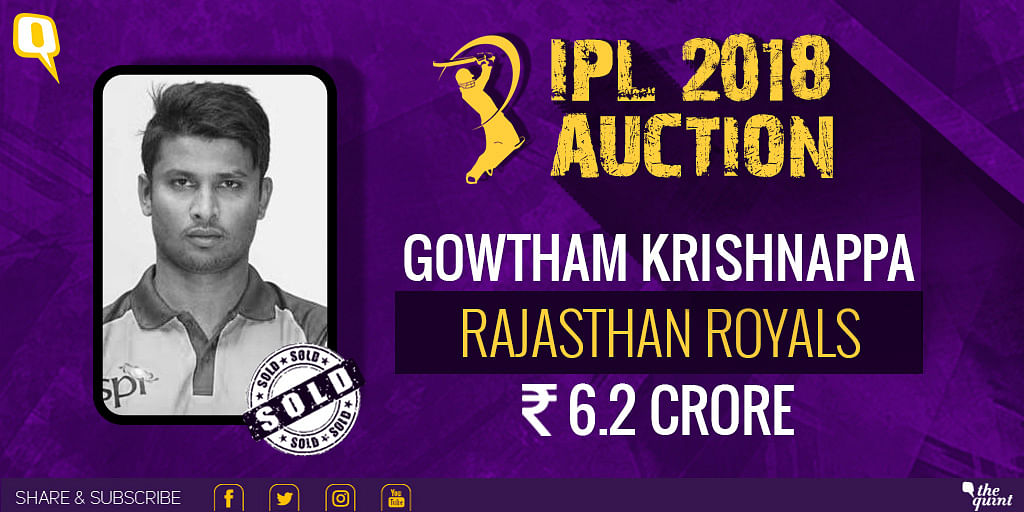 K Gowtham was bagged by Rajasthan Royals for 31 times his base price of Rs 20 lakh.