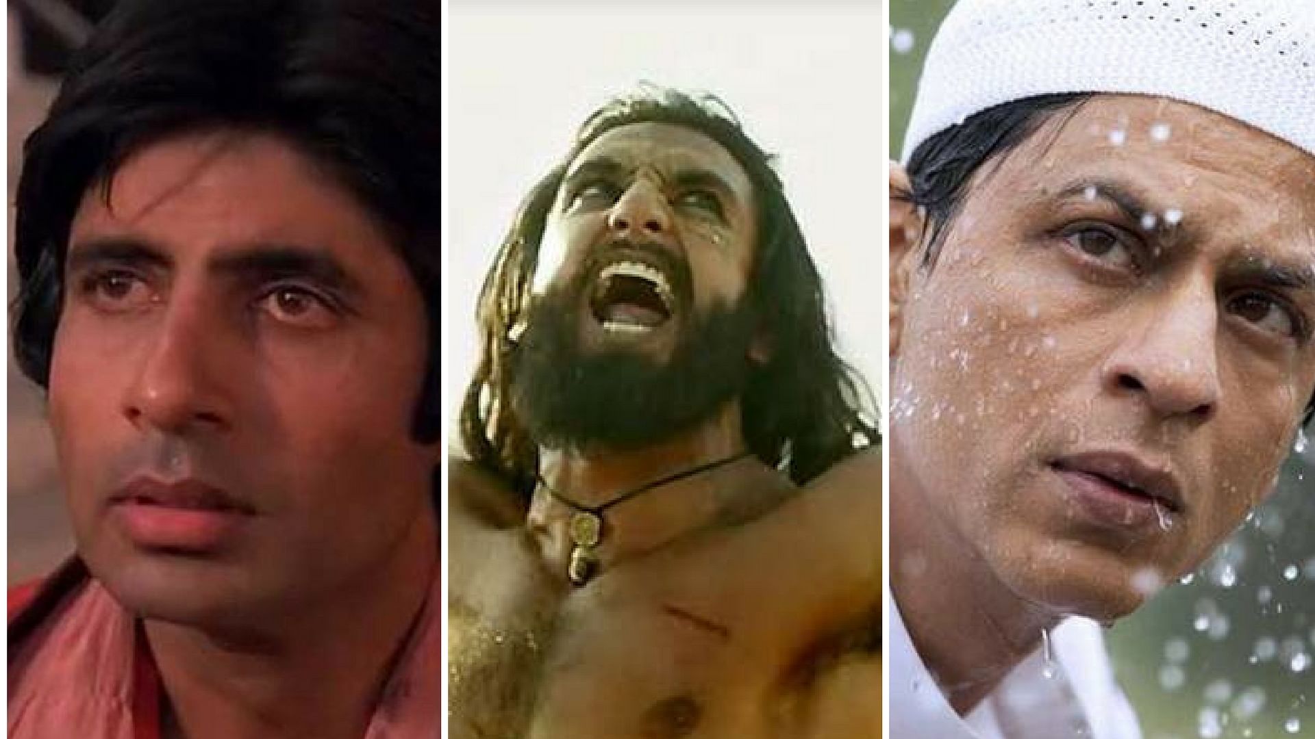 Amitabh Bachchan in <i>Coolie, </i>Ranveer Singh in<i> Padmaavat and </i>SRK in <i>My Name Is Khan.</i>