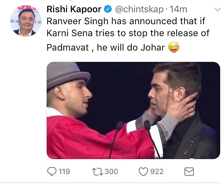 Rishi Kapoor tweets then deletes about Ranveer Singh, Karan Johar and <i>Padmaavat</i>.