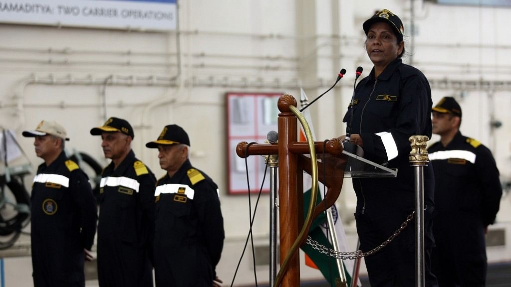  Defence Minister Nirmala Sitharaman addresses the Western Fleet on board INS Vikramaditya during the operational manoeuvres of the Western Fleet ships, conducted by the Indian Navy in Goa on Jan 9, 2018.
