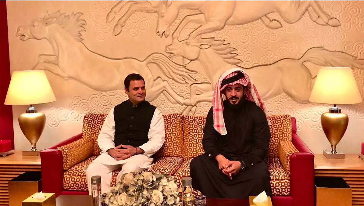 Rahul Gandhi with a member of the Gulf nation’s royal family Shaikh Khalid bin Hamad Al Khalifa.