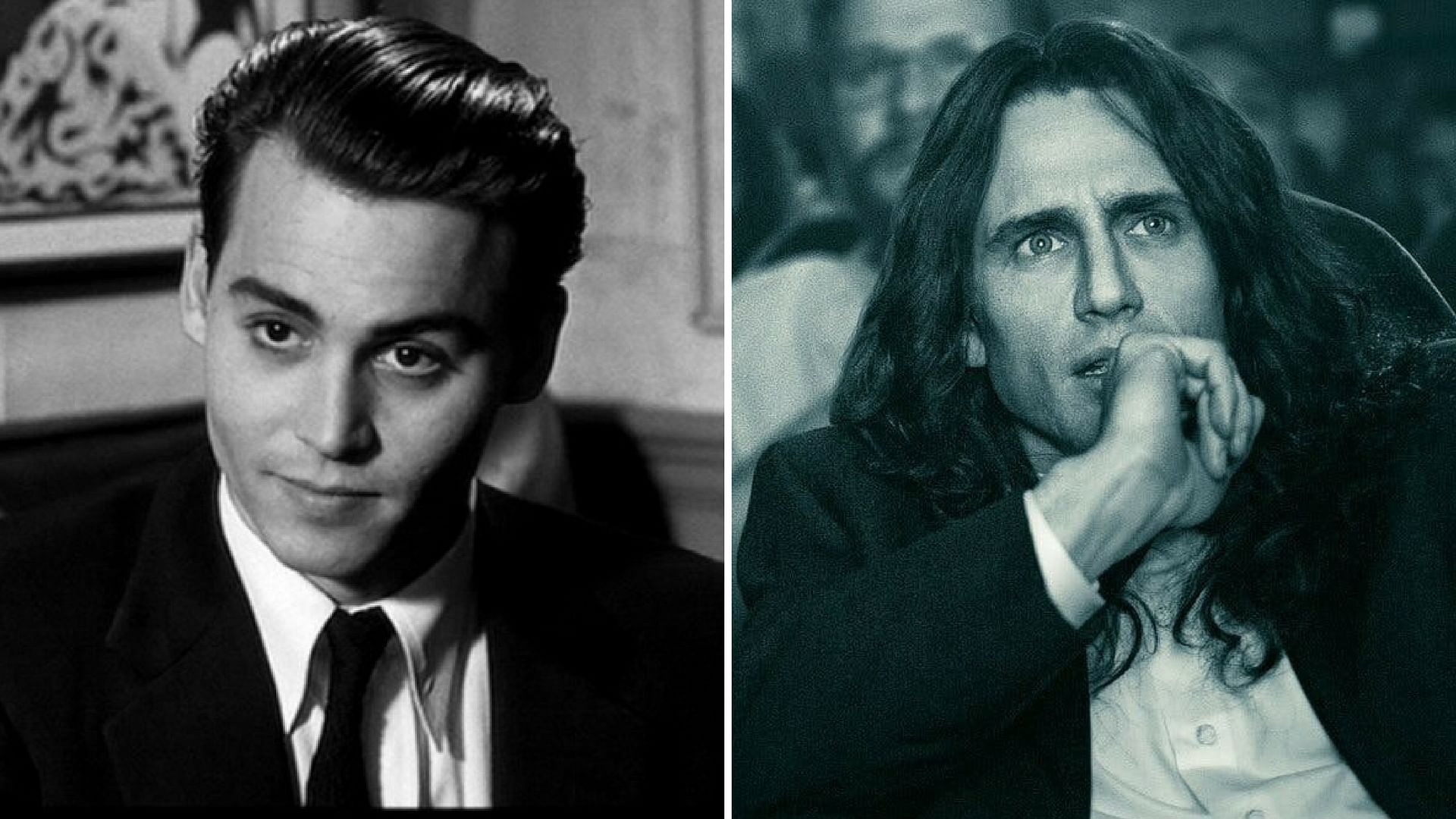 Johnny Depp as Edward D Wood Jr in Ed Wood (left) and James Franco as Tommy Wiseau in The Disaster Artist (right).