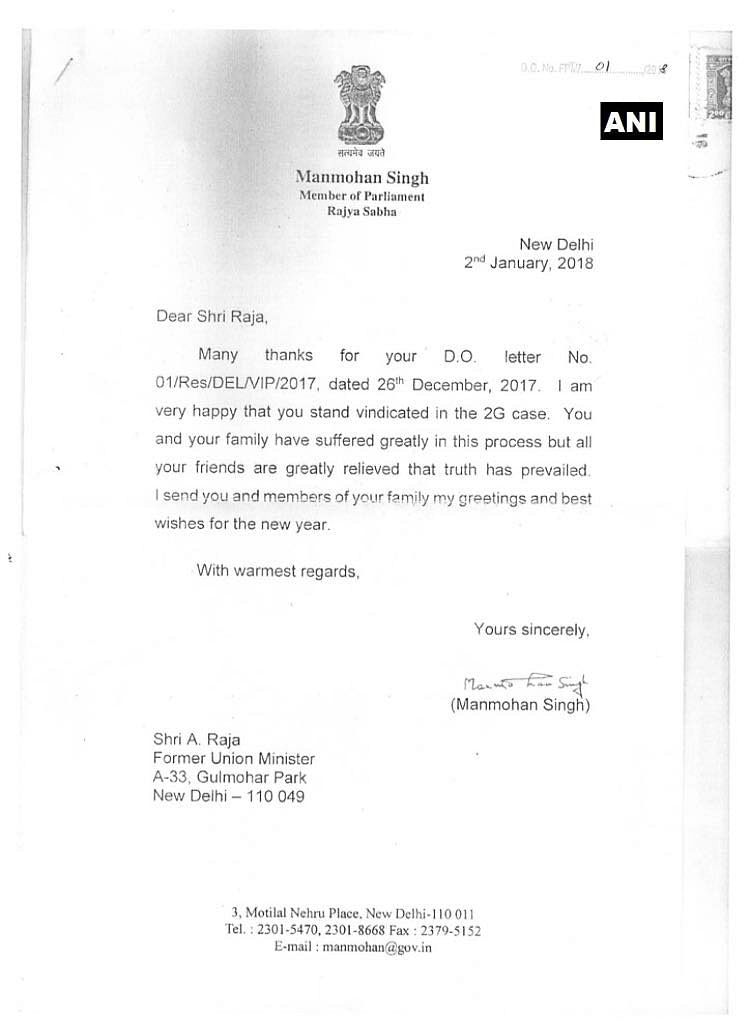 Days after the 2G verdict, A Raja had written a letter to Manmohan Singh asking him to come forward in his support.