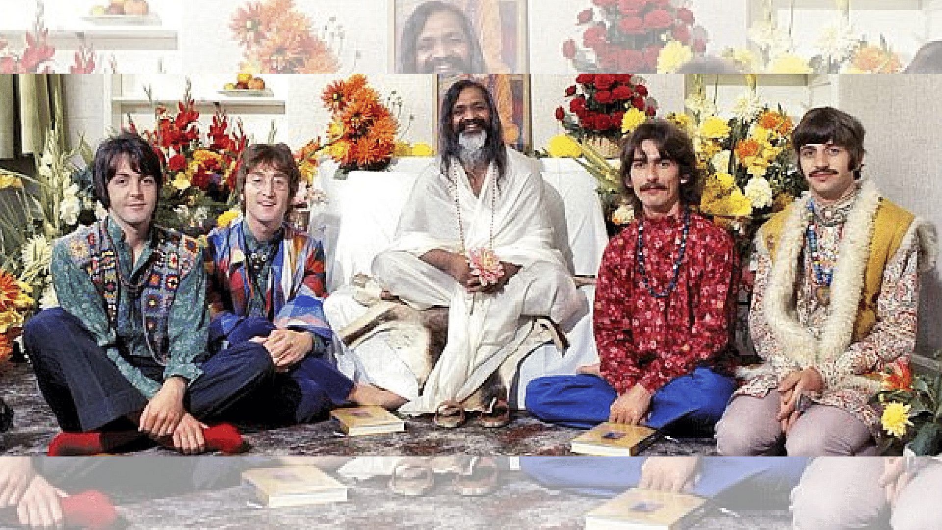 The Beatles, with Maharishi Mahesh Yogi, in their room at Maharishi Mahesh Yogi’s ashram in Rishikesh.