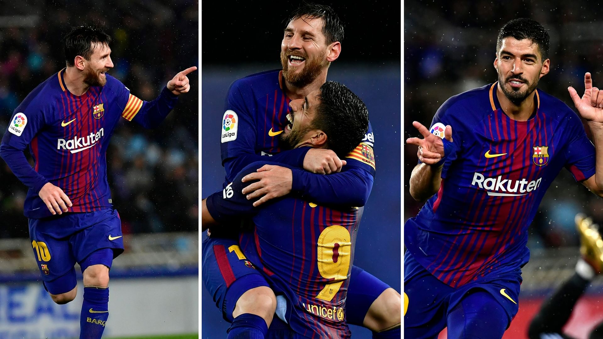 Luis Suarez scored twice before Lionel Messi completed Barcelona’s 4-2 comeback win at Real Sociedad.