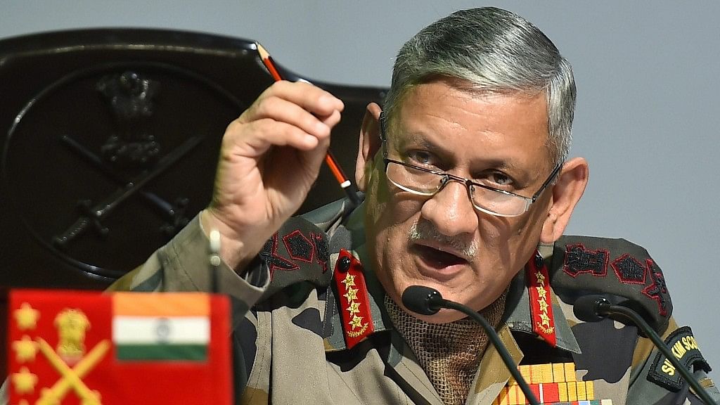 Army Chief Bipin Rawat addresses a press conference in New Delhi on Friday.&nbsp;