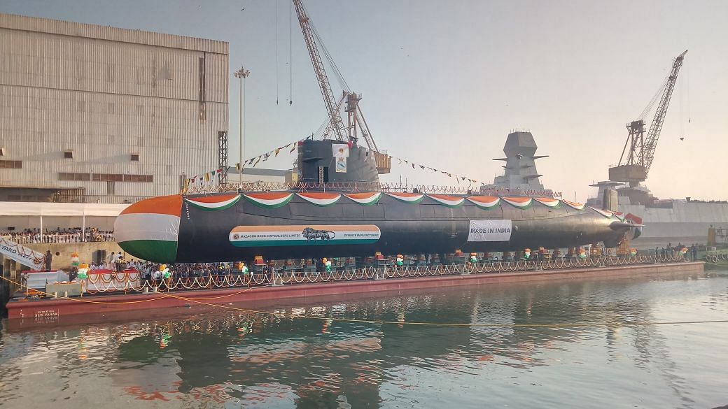 The launch of the INS Karanj at the Mazagon docks in Mumbai.
