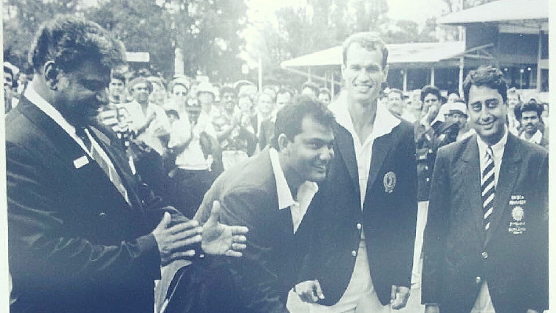 Mohammad Azharuddin (second from left), Kepler Wessels (second from right) and Amrit Mathur (extreme right).&nbsp;