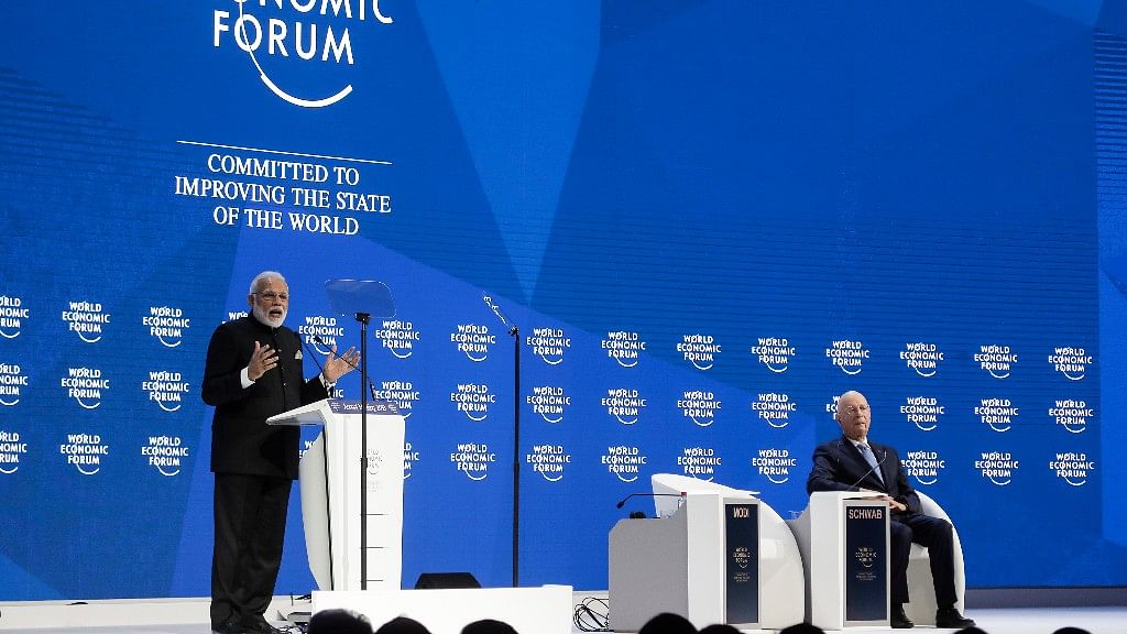 Prime Minister Narendra Modi addressing the opening plenary at WEF 2018 in Davos.&nbsp;