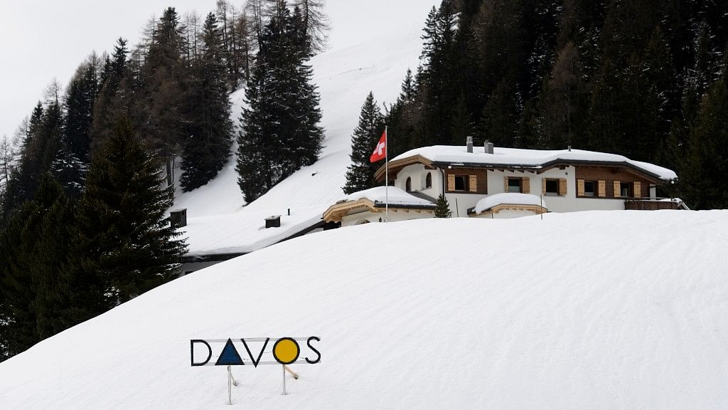 In this 12 January file photo, a sign reading “Davos”, pictured prior to the World Economic Forum WEF in Davos, Switzerland.