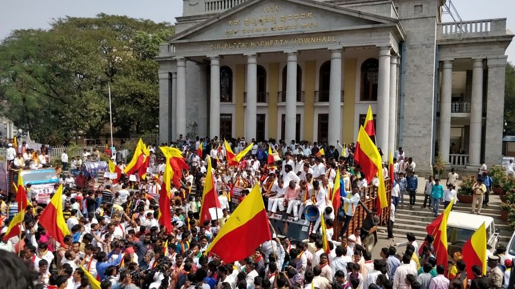 Several hundred activists from pro-Kannada organisations begin their march from Bengaluru’s Town Hall to Freedom Park.