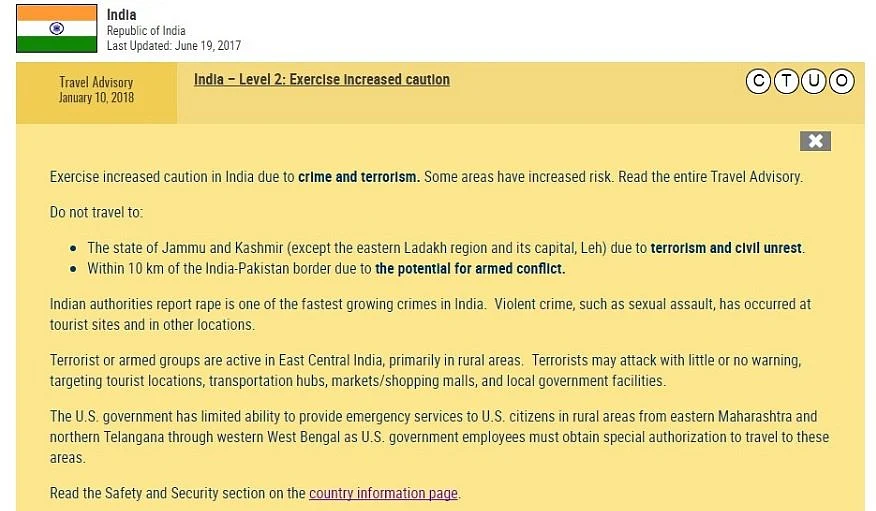 US Issues New Travel Advisory, Ranks India at Level Two of Caution