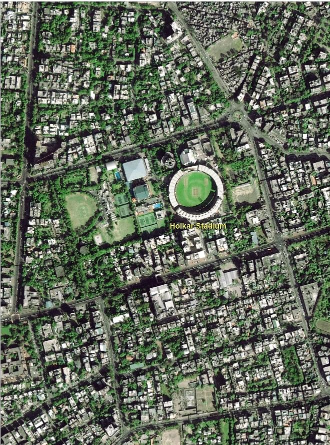 The image shows a part of Indore with the Holkar Cricket Stadium in the centre.