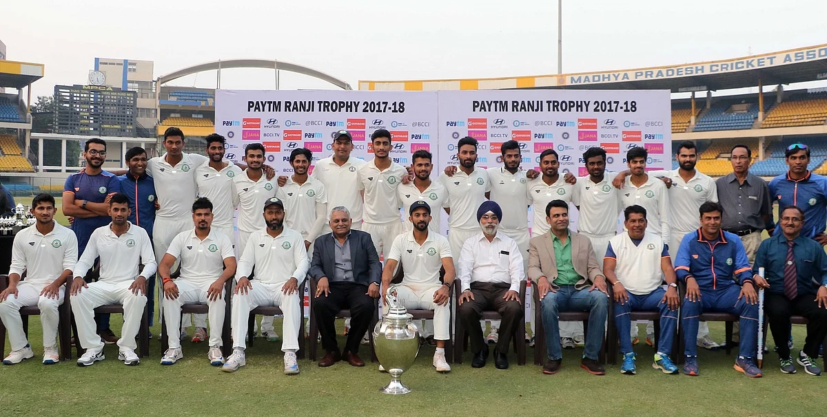 Vidarbha’s team with the Ranji Trophy trophy after the final.