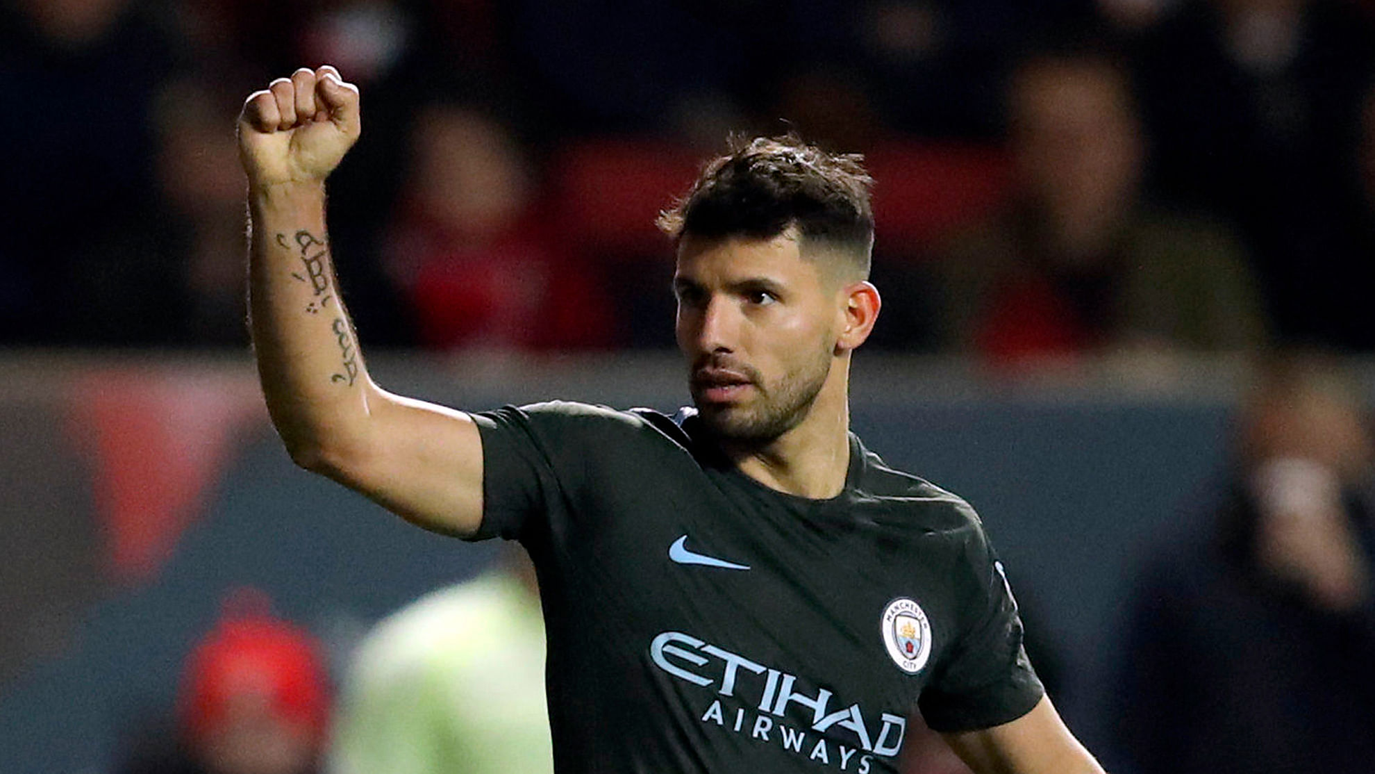 Manchester City’s Sergio Aguero celebrates scoring his side’s second goal of the game.