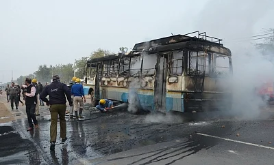 Gurugram: A bus torched by a mob protesting against release of upcoming film "Padmaavat" in Gurugram, on Jan 24, 2018. (Photo: IANS)