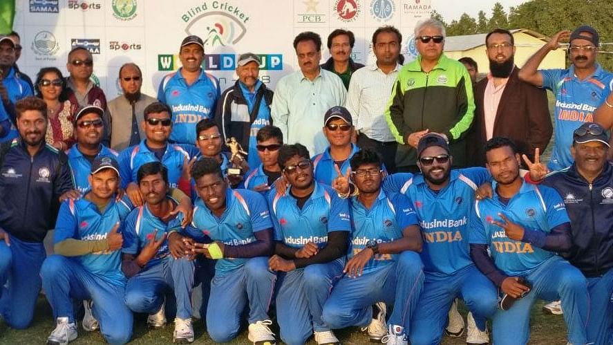 The Indian Blind Cricket team pose for a photo with 1983 World Cup winner Syed Kirmani.