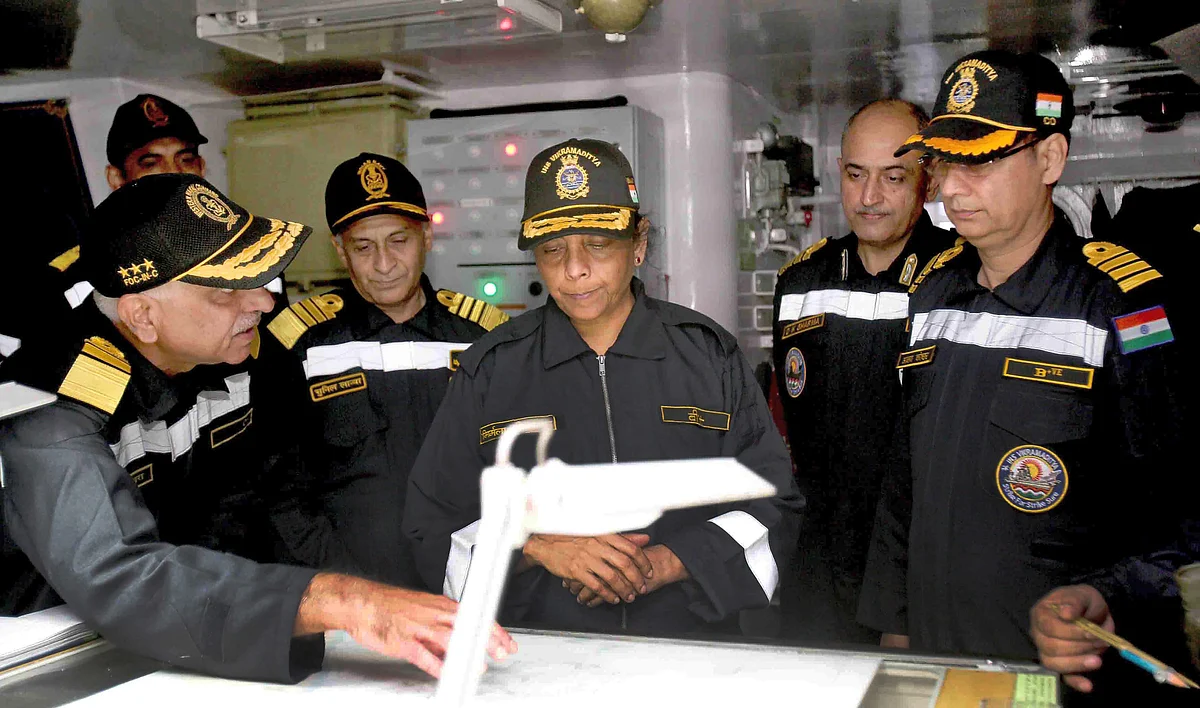 Defence Minister Nirmala Sitharaman being briefed about naval operations onboard INS Vikramaditya.