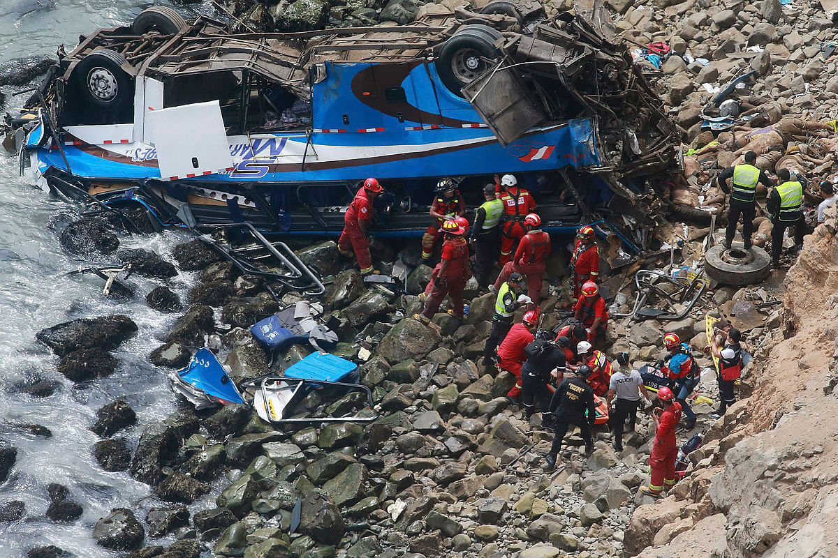 The bus carrying 57 people was headed to Peru’s capital when it was struck by a tractor trailer.