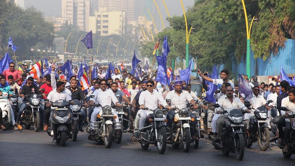 A bike rally by Dalit protesters in Thane on Wednesday.&nbsp;