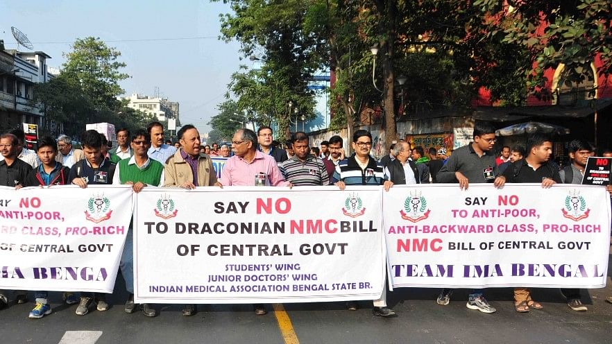 File photo of doctors and medical students staging a protest against the National Medical Commission (NMC) Bill in January.