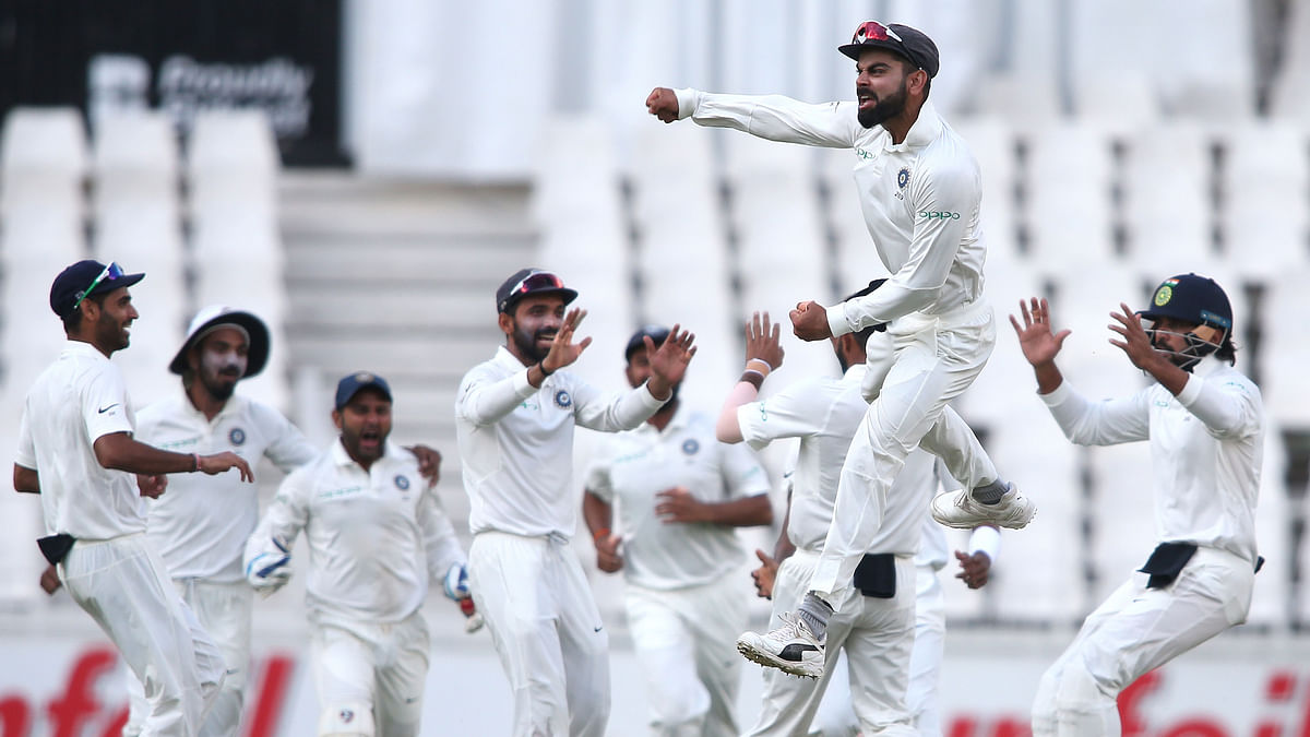 Virat Kohli celebrates during a Test between India and South Africa.