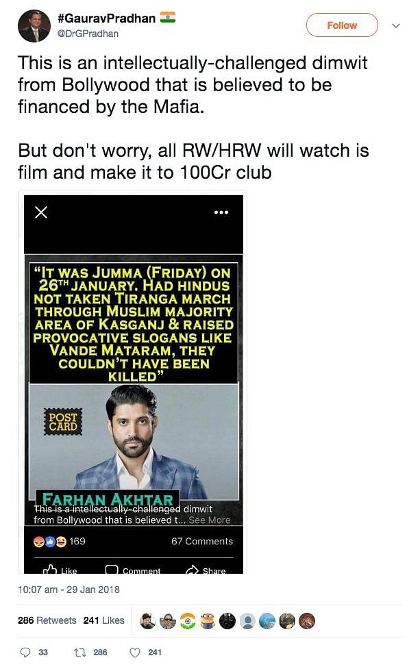 According to the quote, Farhan Akhtar is justifying the death of the Hindu victim in the clash at Kasganj.