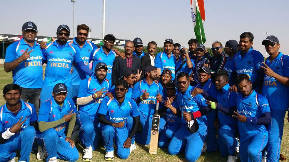 India’s Blind Cricket World Cup team pose for a picture after the semi-final against Bangladesh.