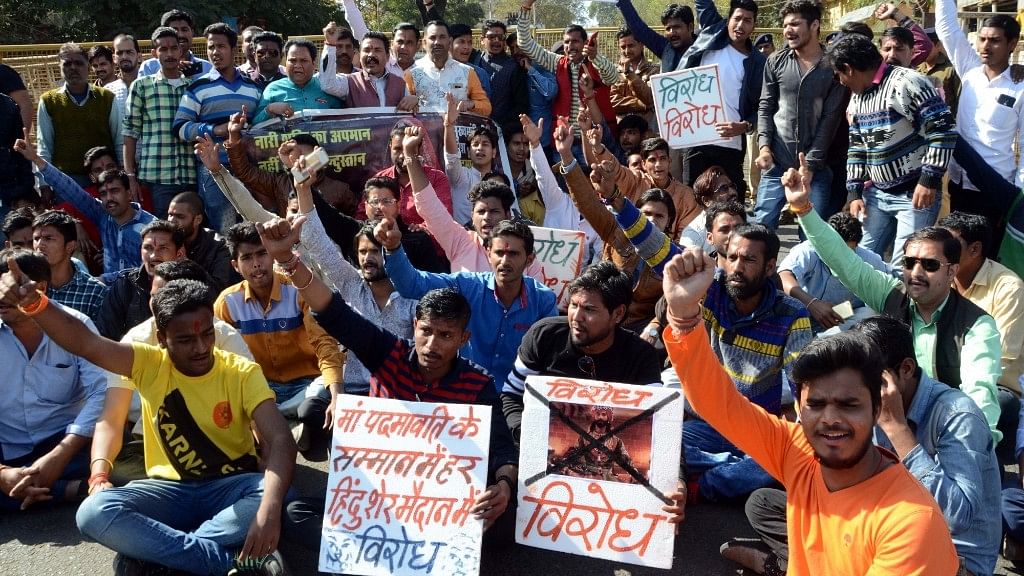 People protesting against  film ‘Padmaavat’ stage a demonstration in Bhopal on 24 January 2018.