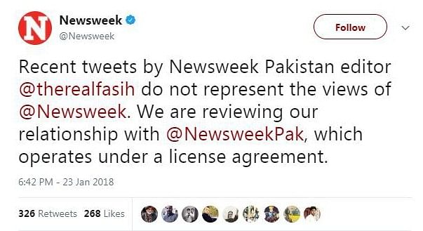 Newsweek, the parent company of Newsweek Pakistan, immediately took to Twitter and disavowed the editor’s statement.