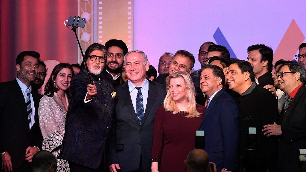 Israeli Prime Minister Benjamin Netanyahu takes a selfie with Bollywood personalities during Shalom Bollywood an evening to celebrate Israeli and Indian Bollywood relations during his visit in Mumbai on Thursday.