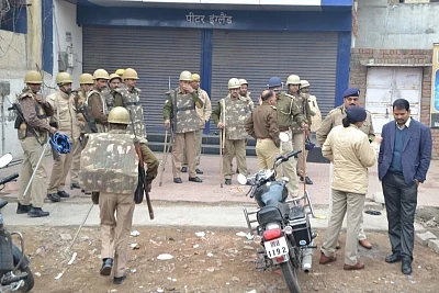 Mathura: Policemen deployed outside a cinema hall in the wake of Karni Sena