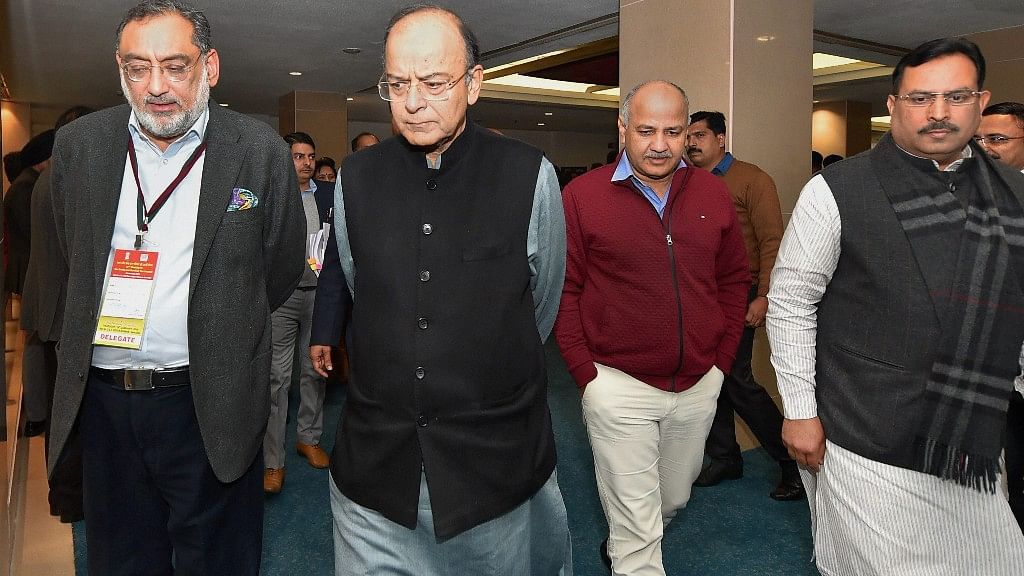 Union Finance Minister Arun Jaitley and Delhi Deputy Chief Minister Manish Sisodia ahead of the GST meeting at Vigyan Bhavan, in New Delhi on 18 January.