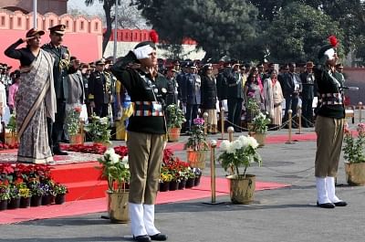New Delhi: Defence Minister Nirmala Sitharaman during a visit to NCC Republic day camp at Delhi cantt on Jan 22, 2018. (Photo: IANS/DPRO)
