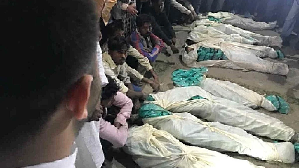 Muzaffarpur: Bodies of those killed in a accident after a Mahindra Bolero that lost control and rammed into a government school building crushing 9 kids to death and injuring 24 at Ahiyapur in Muzaffarpur of Bihar on Feb 24, 2018.