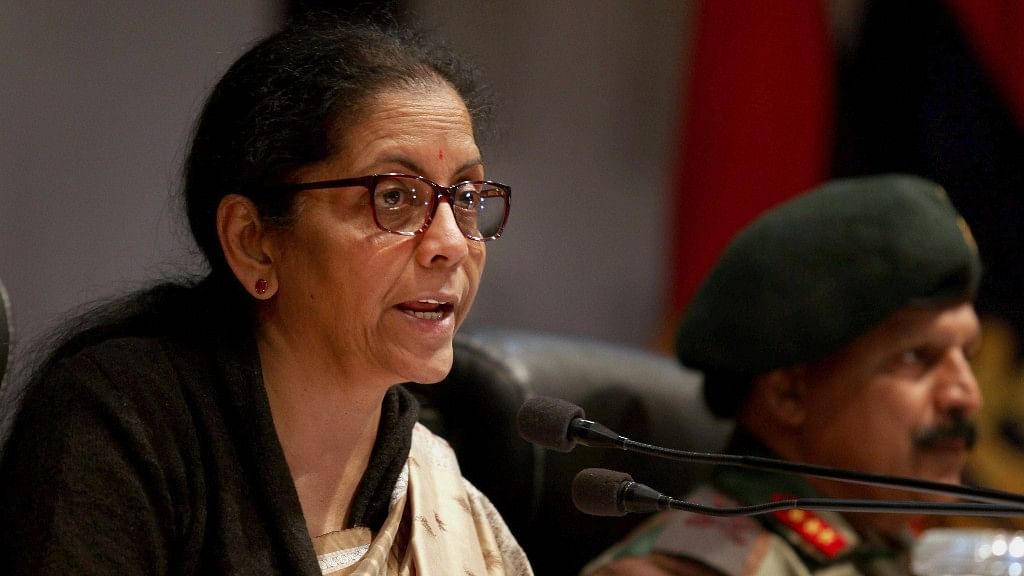Union Defence Minister Nirmala Sitharaman addresses a press conference at Tiger Division Satwari in Jammu on Monday.