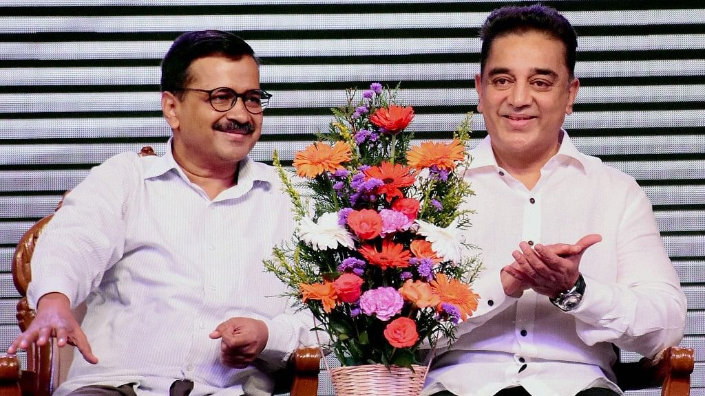 Kamal Haasan with Delhi Chief Minister Arvind Kejriwal during the launch of political party ‘Makkal Needhi Maiam’ in Madurai on 21 February.