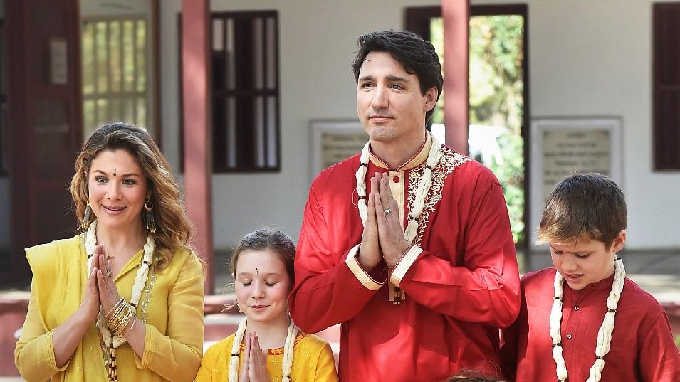  Canadian Prime Minister Justin Trudeau with his family during a visit to the Sabarmati Ashram in Ahmedabad on 19 February.
