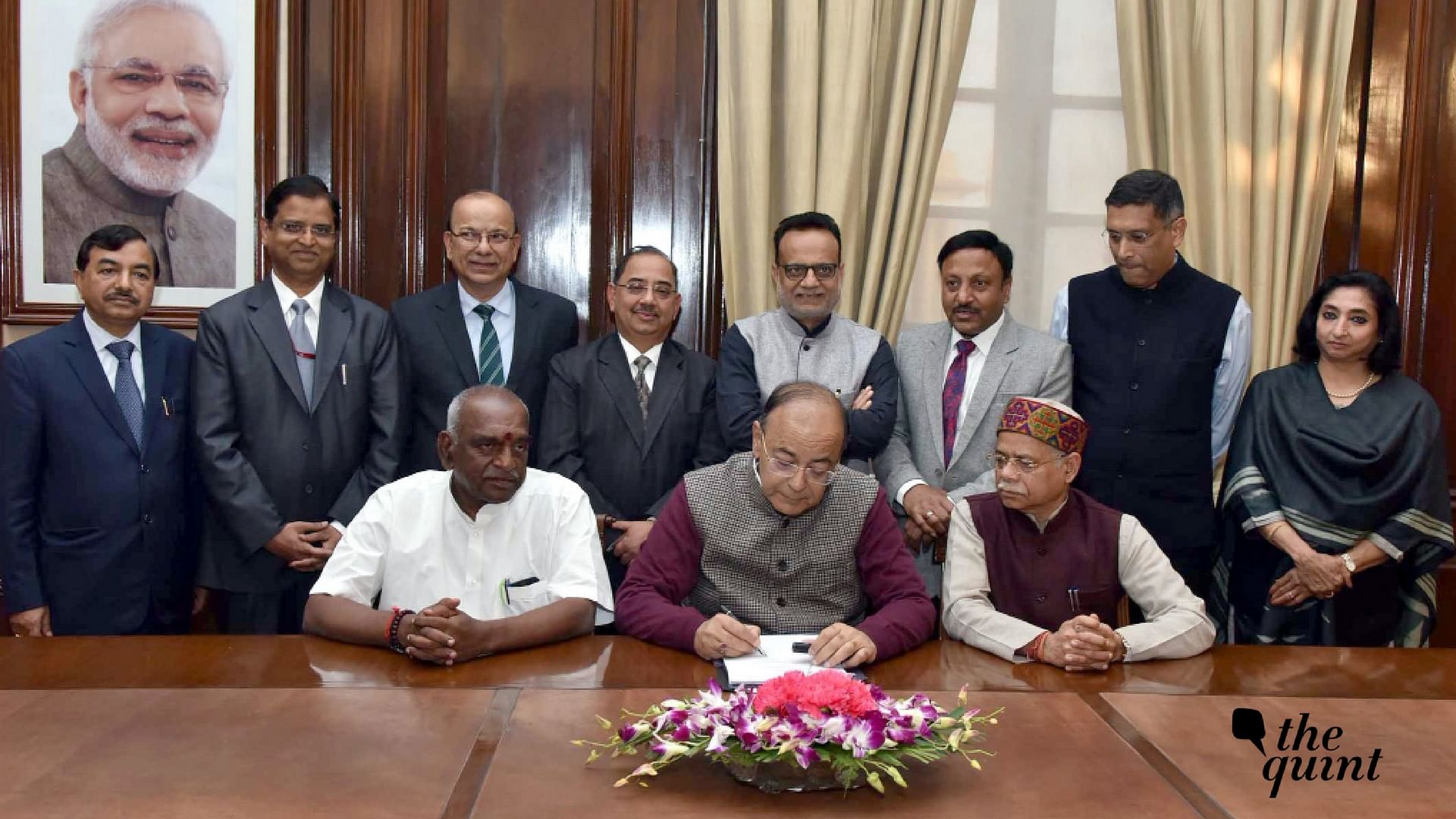 Finance Minister Arun Jaitley with his colleagues a day before the Budget presentation.