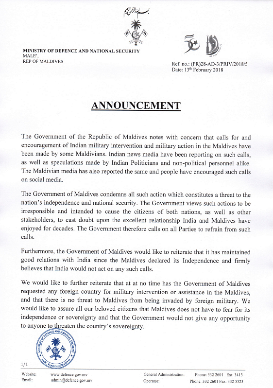 Maldives reiterated that at no time did they ask for any foreign military intervention.